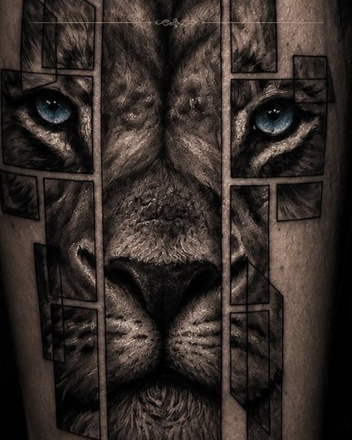 León con geometría y ojos en color, realismo por Boris