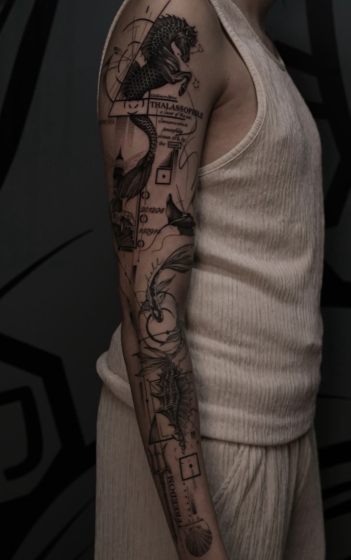 Manga de concept art con caballito de mar, faro y geometría, por Lorena